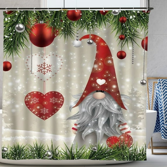 Christmas Shower Curtain Xmas Gnome Vintage Holiday Fabric Bathroom Decor Curtain with Hooks 72x72in