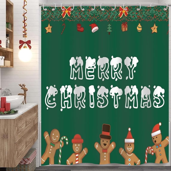 Christmas Shower Curtain Xmas Shower Curtains for Bathroom Green Merry Christmas Shower Curtain Christmas Cookie Shower Curtain Holiday Shower Curtains with 12 Hooks 72x72 inches