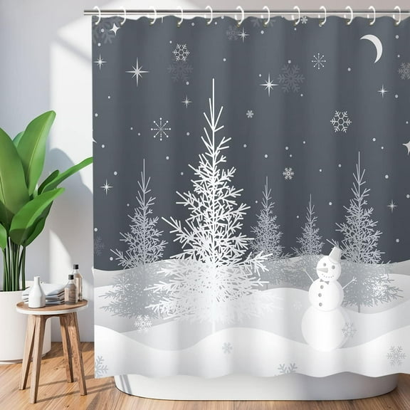 Christmas Shower Curtain, Xmas Shower Curtains, Waterproof Christmas Night Shower Curtain Set Bathroom Decor, Merry Shower Curtain, Gray White Christmas, 72''''W X 72''''H