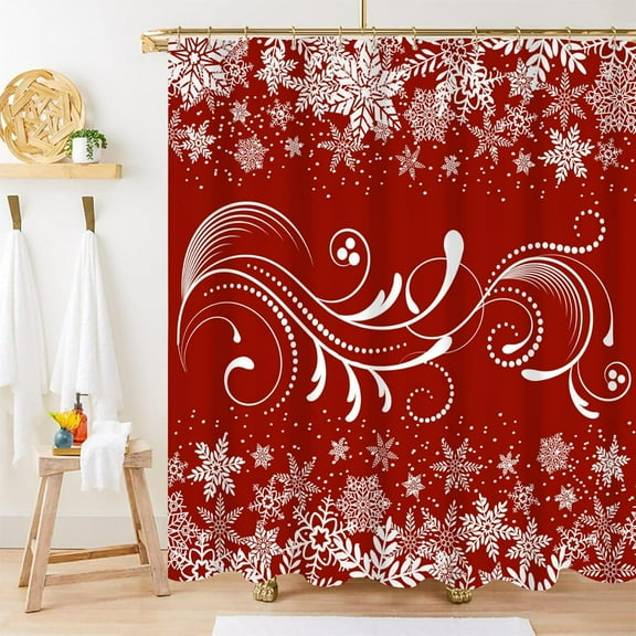 Christmas Shower Curtain, Xmas Snowflake Shower Curtain Red and White Shower Curtain with Hooks for Christmas New Year Bathroom Decor, 84x72 Inch