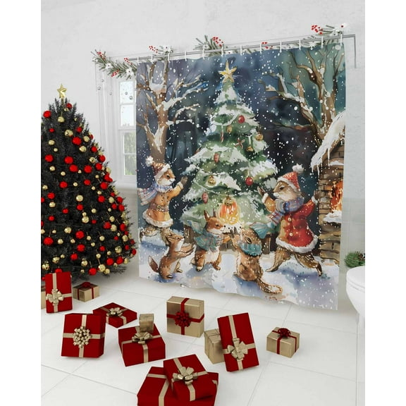 Christmas Shower Curtain, Xmas Tree Animals Snowflake Blue Waterproof Washable Boho Funny Cute Shower Curtains Set for Bathroom Farmhouse Bathtubs Decor with Hook, 36"Wx72"L