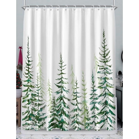Christmas Shower Curtain for Bathroom Green Tree Farmhouse Rustic Modern White Snow Landscape Cloth Bathroom Curtain Sets with Hooks 72X72 inch
