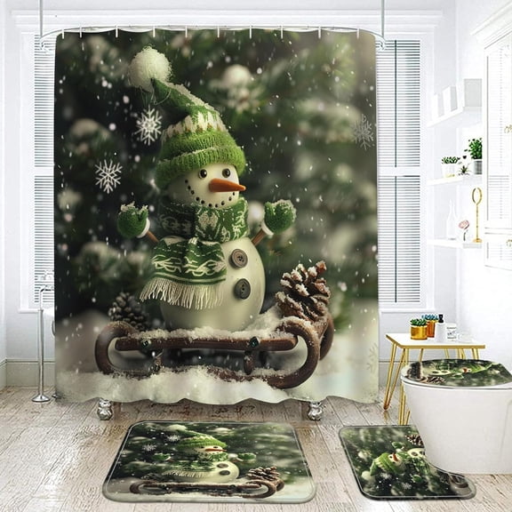 Christmas Shower Curtain set Bathroom Decorations Sets, 4 PCS Cute Snowman Xmas Holiday Bath Decor with Toilet Seat Cover Rugs Mats and Hooks, Santa Theme Tub Room Décor (Blue)