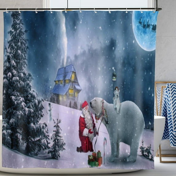 Christmas Shower Curtain with Art Santa Claus Bear Printed for Bathroom Blue Moon Christmas Tree Curtains for Bathtub 72 x72in