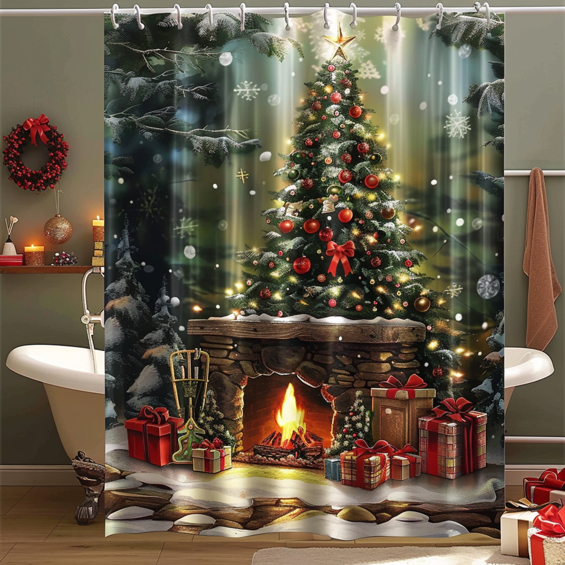 Christmas Shower Curtain with Festive Fireplace & Tree Print Holiday
