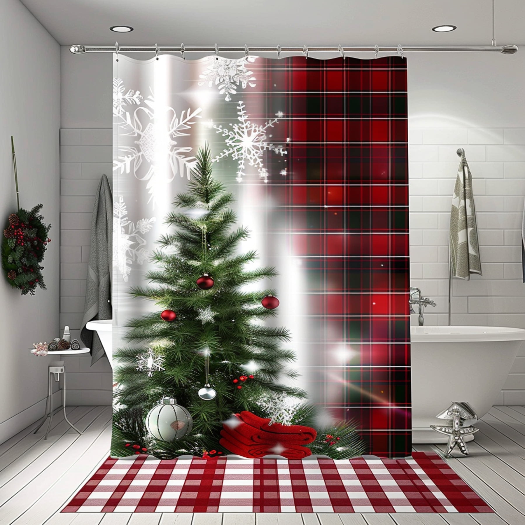 Christmas Shower Curtain with Festive Tree and Snowflake Design Add