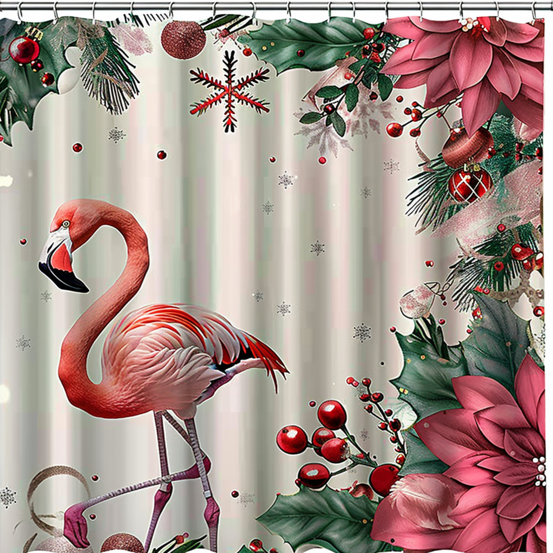 Christmas Shower Curtain with Pink Decorations and Red Snowflakes White