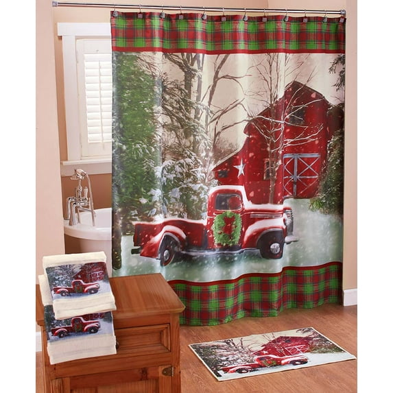 The Lakeside Collection Vintage Red, Green, White, Multi-color Polyester Shower Curtain, 72" x 70"
