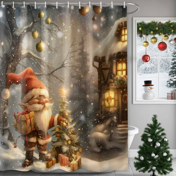 Christmas Shower Curtains for Bathroom, Cartoon Gnome Elf Lights Snow Ornaments Evergreen Waterproof Fabric Shower Curtain for Bathroom Bathtub Decoration, Machine Washable, 36"x72"