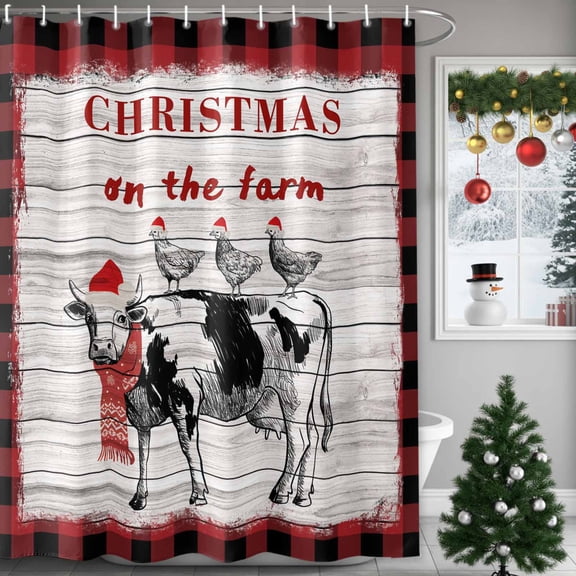 Christmas Shower Curtains for Bathroom, Cow Chicken Farm Wood Grain Red Plaid Waterproof Fabric Shower Curtain for Bathroom Bathtub Decoration, Machine Washable, 36"x72"