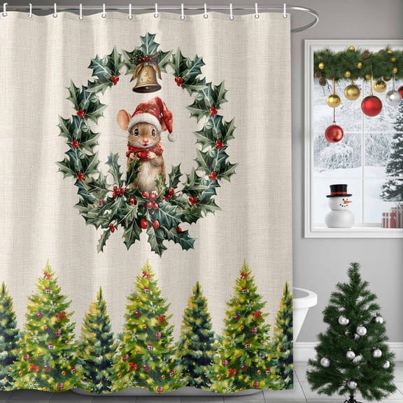 Christmas Shower Curtains for Bathroom, Cute Mouse Pine Tree Leaf Wreath Vintage Linen Waterproof Fabric Shower Curtain for Bathroom Bathtub Decoration, Machine Washable, 54x"78"