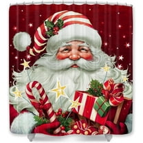 Christmas Shower Curtains for Bathroom, Cute Retro Santa Claus Merry Christmas Shower Curtain Set, Red Merry Christmas Fabric Bath Accessories Curtains Decor with Hooks