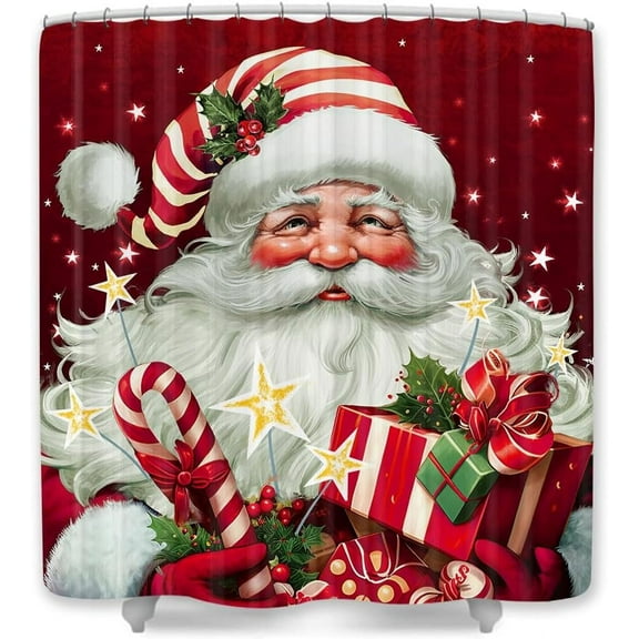 Christmas Shower Curtains for Bathroom, Cute Retro Santa Claus Merry Christmas Shower Curtain Set, Red Merry Christmas Fabric Bath Accessories Curtains Decor with Hooks