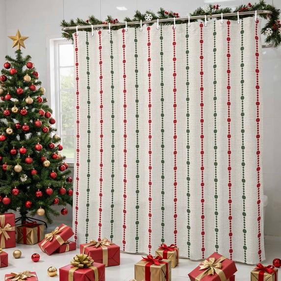 Christmas Shower Curtains for Bathroom, Farmhouse Xmas Abstract Dots Red Green Stripes Waterproof Fabric Shower Curtain, Decorative Bathroom Curtain for Bathtub, 72"x72", No Hooks Included