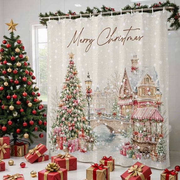 Christmas Shower Curtains for Bathroom, Farmhouse Xmas Tree Gifts Snowflake Rustic Waterproof Fabric Shower Curtain, Decorative Bathroom Curtain for Bathtub, 72"x84", No Hooks Included