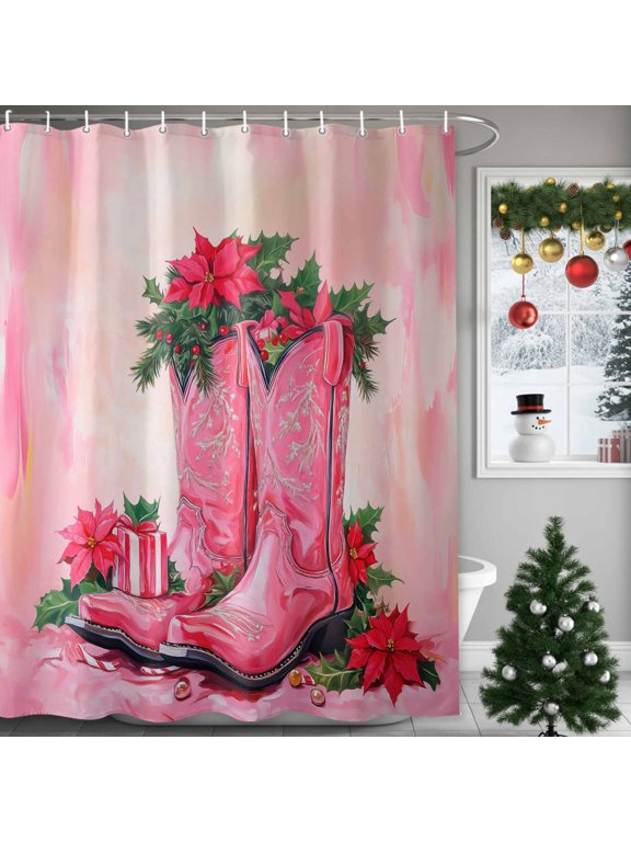Christmas Shower Curtains for Bathroom, Pink Western Cowboy Boots Poinsettia Holly Watercolor Waterproof Fabric Shower Curtain for Bathroom Bathtub Decoration, Machine Washable, 36"x72"