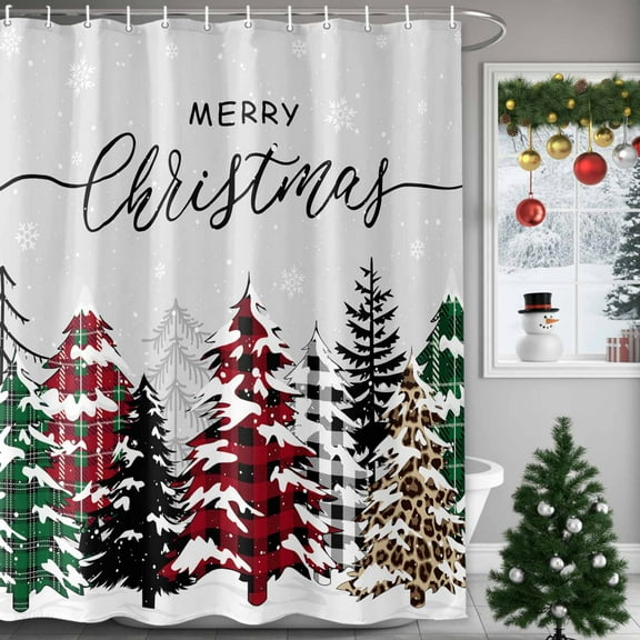 Christmas Shower Curtains for Bathroom, Red Green Plaid Leopard Xmas Tree Waterproof Fabric Shower Curtain for Bathroom Bathtub Decoration, Machine Washable, 36"x72"