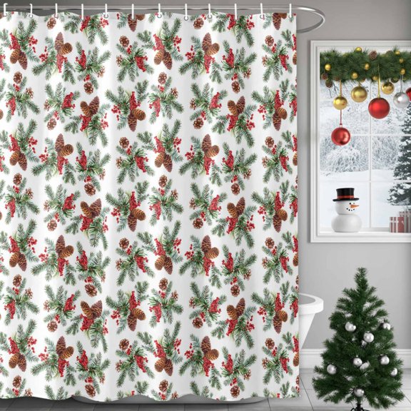 Christmas Shower Curtains for Bathroom, Red Green Winter Plant Fruit Sandpins Leaves Xmas Waterproof Fabric Shower Curtain for Bathroom Bathtub Decoration, Machine Washable, 36"x72"