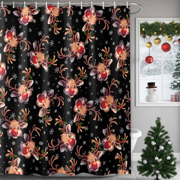 Christmas Shower Curtains for Bathroom, Red Nosed Reindeer Snowflakes Texture Black Waterproof Fabric Shower Curtain for Bathroom Bathtub Decoration, Machine Washable, 36"x72"