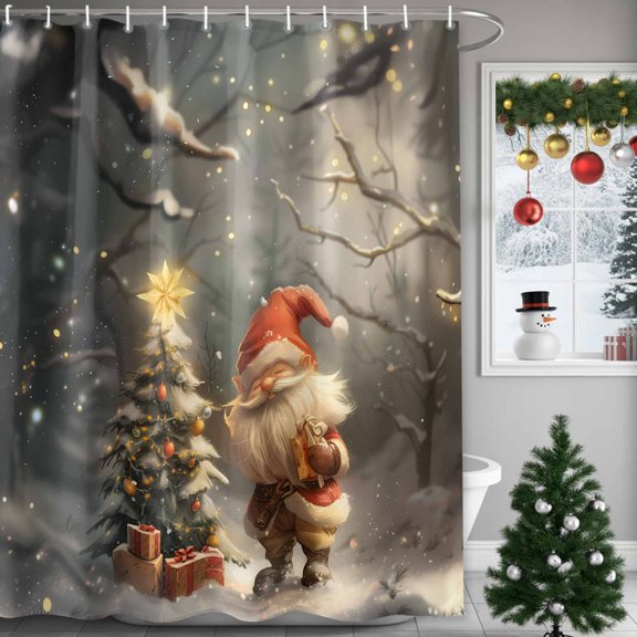 Christmas Shower Curtains for Bathroom, Santa's Elves Forest Snowfall Evergreen Waterproof Fabric Shower Curtain for Bathroom Bathtub Decoration, Machine Washable, 36"x72"