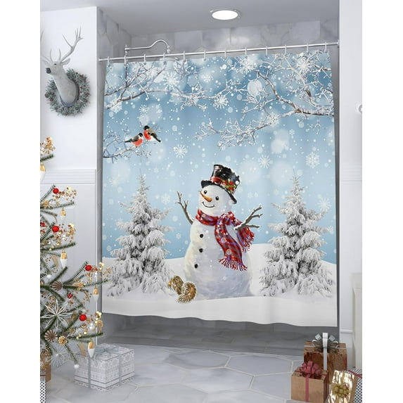 Christmas Shower Curtains for Bathroom Snowman Shower Curtain with Hooks, Christmas Tree Waterproof Polyester Blue Shower Curtain Set, 84inch Extra Long Winter Holiday Bathroom Curtains Decoration