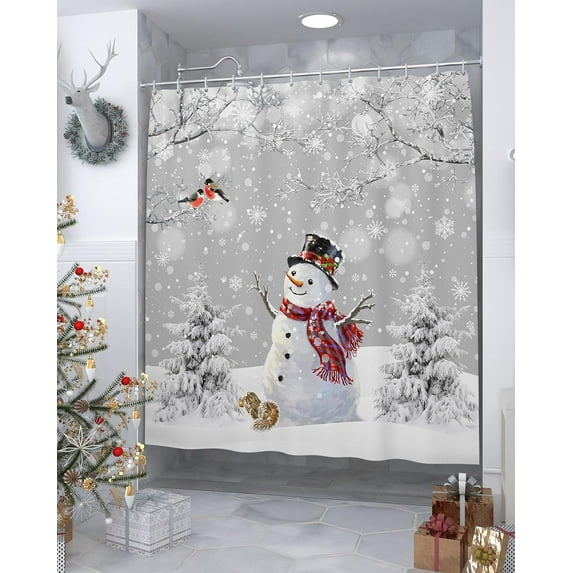 Christmas Shower Curtains for Bathroom Snowman Shower Curtain with Hooks, Christmas Tree Waterproof Polyester Cardinals Shower Curtain Set, 84inch Extra Long Winter Grey Bathroom Curtains Decoration