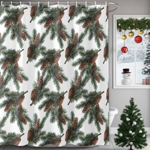 Christmas Shower Curtains for Bathroom, Vintage Pine Tree Leaf Pine Fruit Winter Plant Farm Waterproof Fabric Shower Curtain for Bathroom Bathtub Decoration, Machine Washable, 60"x72"