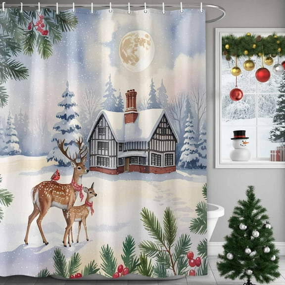 Christmas Shower Curtains for Bathroom, Vintage Winter Deer Woodhouses Forest Country Scene Waterproof Fabric Shower Curtain for Bathroom Bathtub Decoration, Machine Washable, 54x"78"