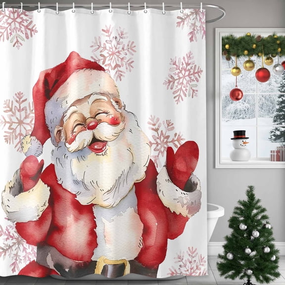 Christmas Shower Curtains for Bathroom, Watercolor Snowflakes Retro Santa Claus White Waterproof Fabric Shower Curtain for Bathroom Bathtub Decoration, Machine Washable, 72"x72"