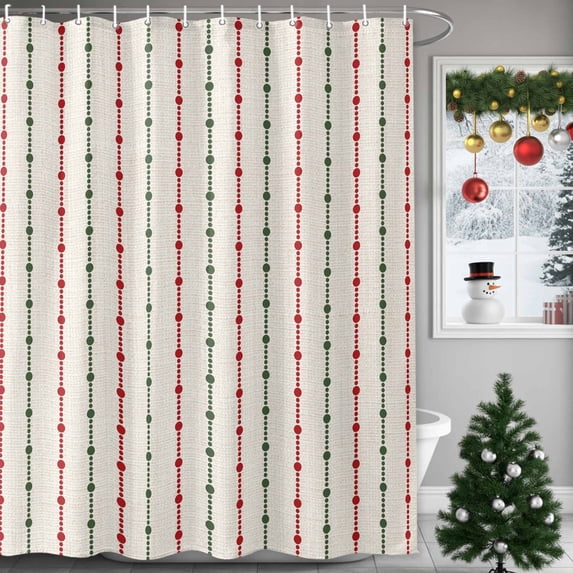 Christmas Shower Curtains for Bathroom, Waterproof Fabric Bath Curtains Decor, Bath Tub Curtain Farmhouse Xmas Abstract Dots Red Green Stripes Decorative Shower Curtain Sets with 12 Hooks, 72x72 Inch