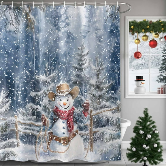 Christmas Shower Curtains for Bathroom, Western Cowboy Snowman Xmas Tree Blue Snow Scene Waterproof Fabric Shower Curtain for Bathroom Bathtub Decoration, Machine Washable, 36"x72"
