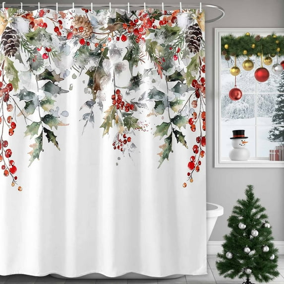 Christmas Shower Curtains for Bathroom, Winter Pine Leaves Pine Cones Red Berries Waterproof Fabric Shower Curtain for Bathroom Bathtub Decoration, Machine Washable, 36"x72"