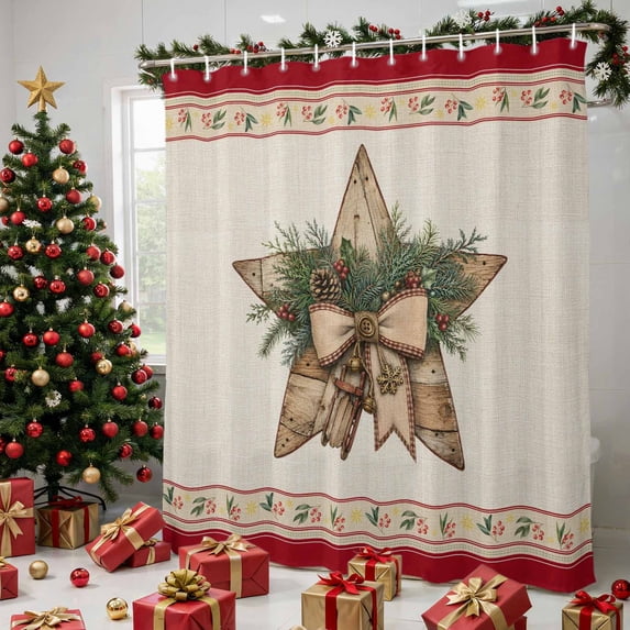 Christmas Shower Curtains for Bathroom, Xmas Pine Needles Stars Floral Winter Rustic Waterproof Fabric Shower Curtain, Decorative Bathroom Curtain for Bathtub, 72"x72", No Hooks Included