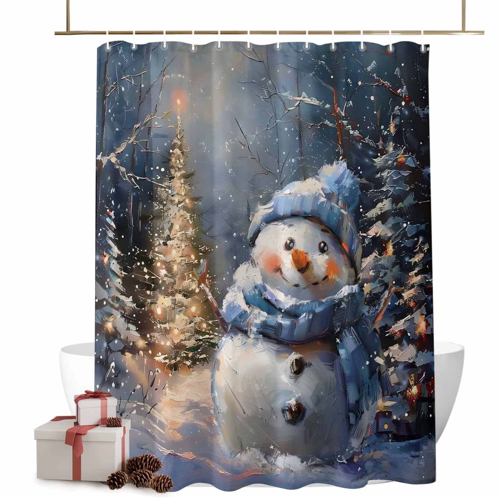Christmas Shower Curtains Blue Snowman Bath Curtain Xmas Tree Snow ...