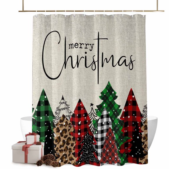 Christmas Shower Curtains Buffalo Plaid Leopard Christmas Tree Bath Curtain Forest Waterproof Seasonal Bathroom Shower Curtain Set with Hooks Decoration 66 x 72 Inches