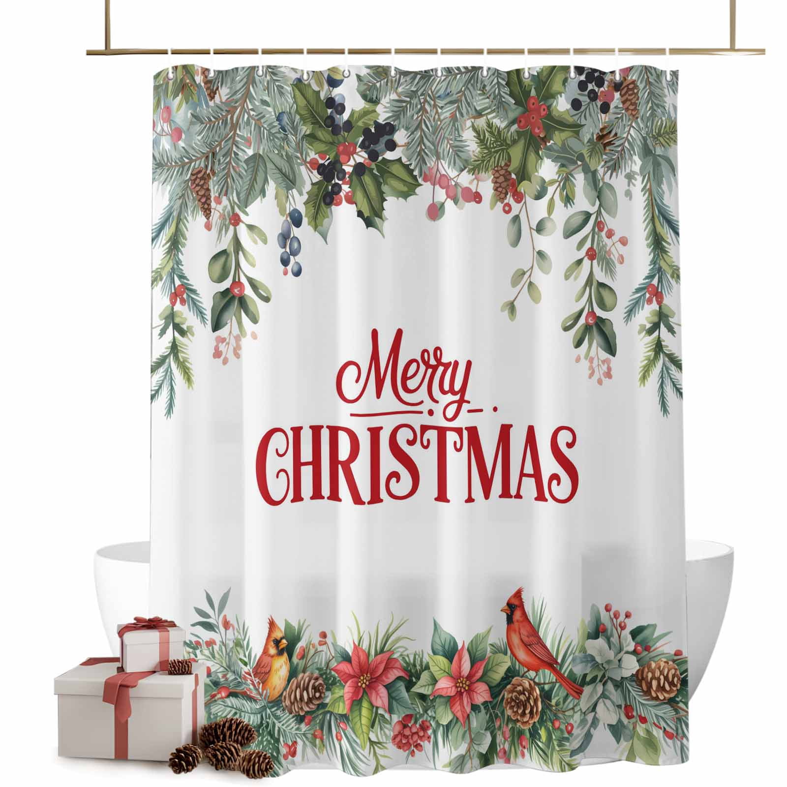 Christmas Shower Curtains Cardinal Bird Pine Cone Berry Bath Curtain
