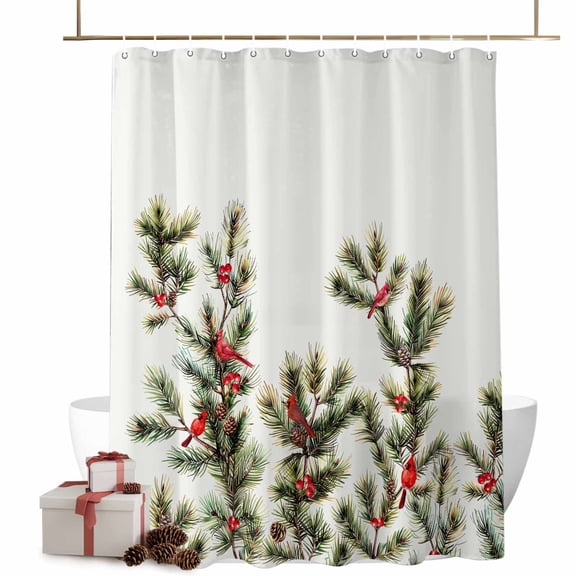Christmas Shower Curtains Cardinal Birds Bath Curtain Pine Needles Pine Cone Waterproof Seasonal Bathroom Shower Curtain Set with Hooks Decoration 72 x 72 Inches