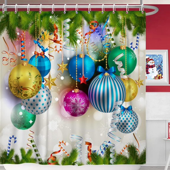 Christmas Shower Curtains Christmas Balls Xmas Tree Candy Streamers Bathroom Happy New Year Celebration HolidayBathroom Shower Curtain Set Waterproof Fabric with 12 Hooks 72Wx72H Inch