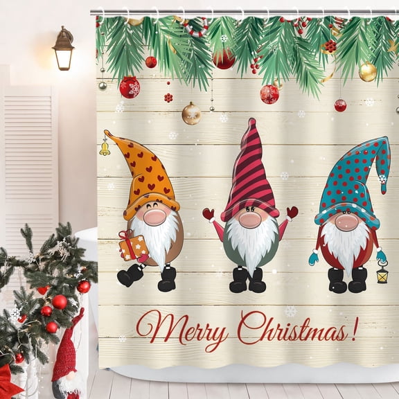 Christmas Shower Curtains, Christmas Gnome Shower Curtain, Holiday Shower Curtain, Xmas Shower Curtain Set with 12 Hooks, Three Christmas Dwarf Elves Shower Curtain, 72''''W X 72''''H
