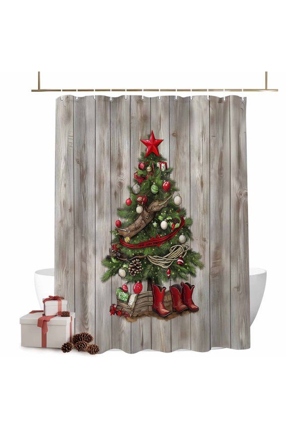 Christmas Shower Curtains Christmas Tree Bath Curtain Western Cowboy Boots Waterproof Seasonal Bathroom Shower Curtain Set with Hooks Decoration 72 x 72 Inches