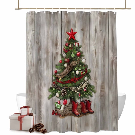 Christmas Shower Curtains Christmas Tree Bath Curtain Western Cowboy Boots Waterproof Seasonal Bathroom Shower Curtain Set with Hooks Decoration 72 x 78 Inches