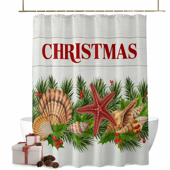 Christmas Shower Curtains Conch Starfish Berry Bath Curtain Pine Needle Wood Grain Waterproof Seasonal Bathroom Shower Curtain Set with Hooks Decoration 72 x 84 Inches