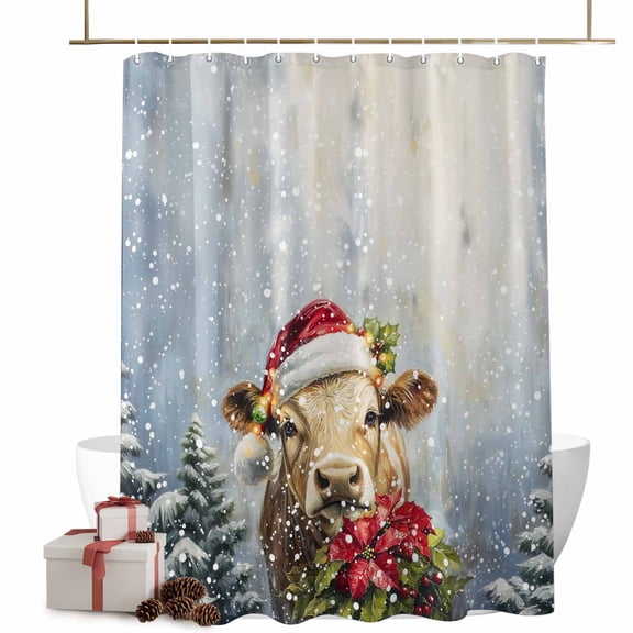 Christmas Shower Curtains Cow Christmas Poinsettia Bath Curtain Winter Snowy Waterproof Seasonal Bathroom Shower Curtain Set with Hooks Decoration 60 x 72 Inches