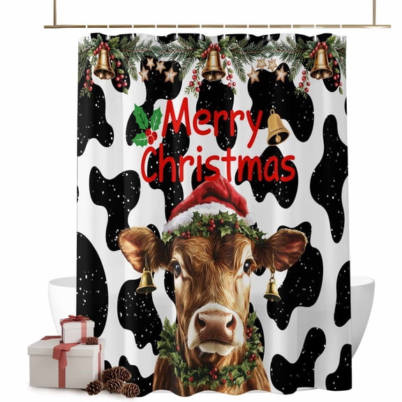 Christmas Shower Curtains Cow Holly Berry Wreath Bath Curtain Cow Print Waterproof Seasonal Bathroom Shower Curtain Set with Hooks Decoration 48 x 72 Inches