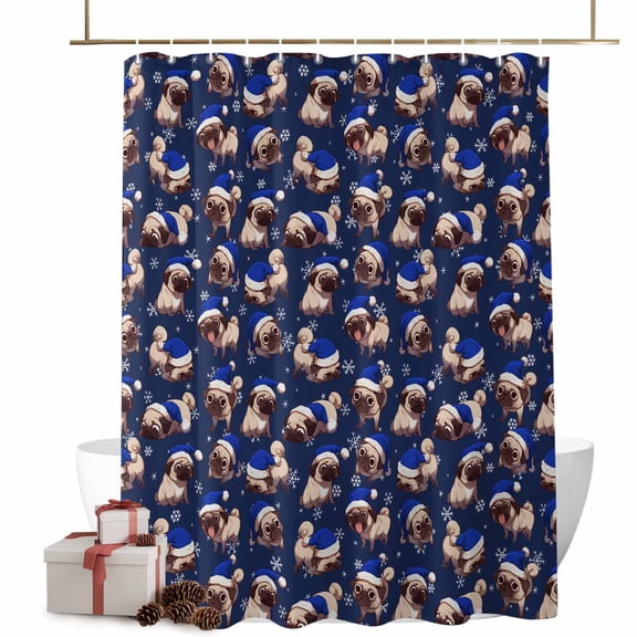 Christmas Shower Curtains Cute Bulldog Wearing Santa Hat Bath Curtain Snow Blue Waterproof Seasonal Bathroom Shower Curtain Set with Hooks Decoration 48 x 72 Inches