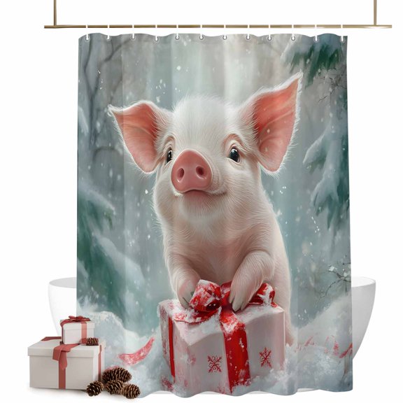 Christmas Shower Curtains Cute Pig Bath Curtain PineTrees Snow Waterproof Seasonal Bathroom Shower Curtain Set with Hooks Decoration 36 x 72 Inches