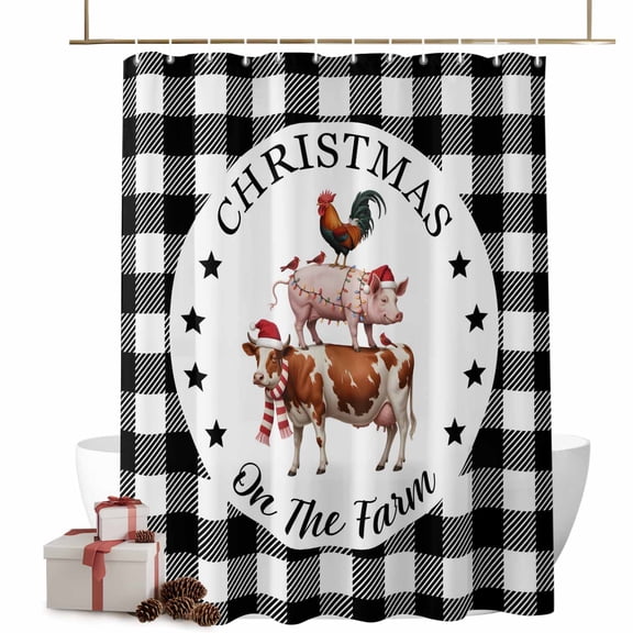 Christmas Shower Curtains Farm Animals Rooster Pig Cow Bath Curtain Black Buffalo Plaid Waterproof Seasonal Bathroom Shower Curtain Set with Hooks Decoration 72 x 78 Inches