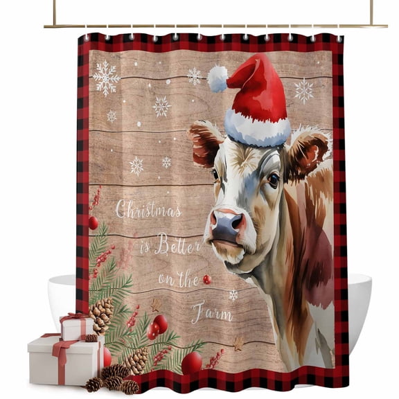 Christmas Shower Curtains Farm Cow Holly Berry Bath Curtain Snowflake Wood Grain Waterproof Seasonal Bathroom Shower Curtain Set with Hooks Decoration 36 x 72 Inches