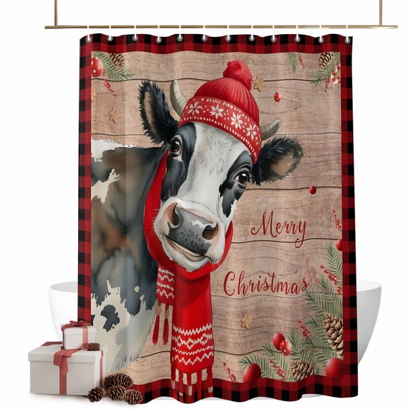 Christmas Shower Curtains Farm Cow Wood Grain Bath Curtain Berry Holly Leaf Waterproof Seasonal Bathroom Shower Curtain Set with Hooks Decoration 36 x 72 Inches