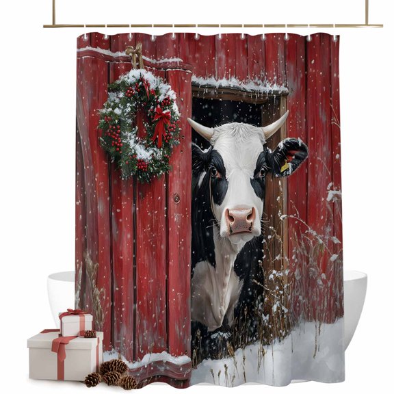 Christmas Shower Curtains Farmhouse Barn Cow Bath Curtain Pine Tree Red Berry Werath Waterproof Seasonal Bathroom Shower Curtain Set with Hooks Decoration 36 x 72 Inches